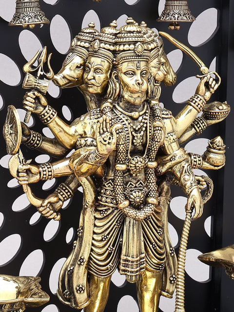 14" Standing Panchamukhi Lord Hanuman with Lamps and Bells | Brass Statue with Wood Frame