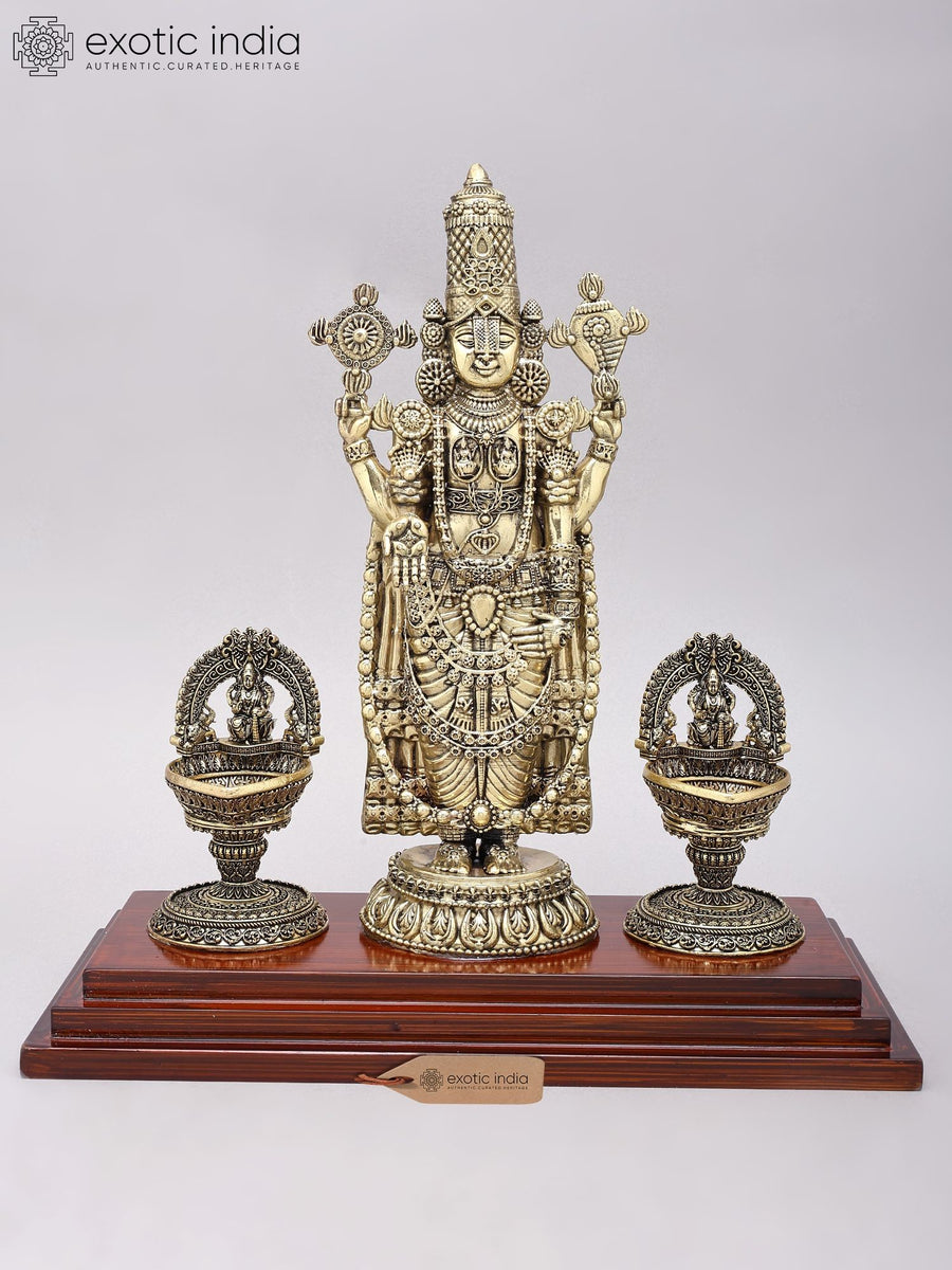 13" Brass Tirupati Balaji Venkateshvara Statue with Lakshmi Lamps on Wood Base
