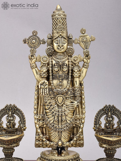 13" Brass Superfine Tirupati Balaji (Venkateshvara) with Goddess Lakshmi Lamps on Wood Base