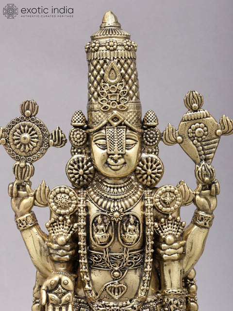 13" Brass Superfine Tirupati Balaji (Venkateshvara) with Goddess Lakshmi Lamps on Wood Base