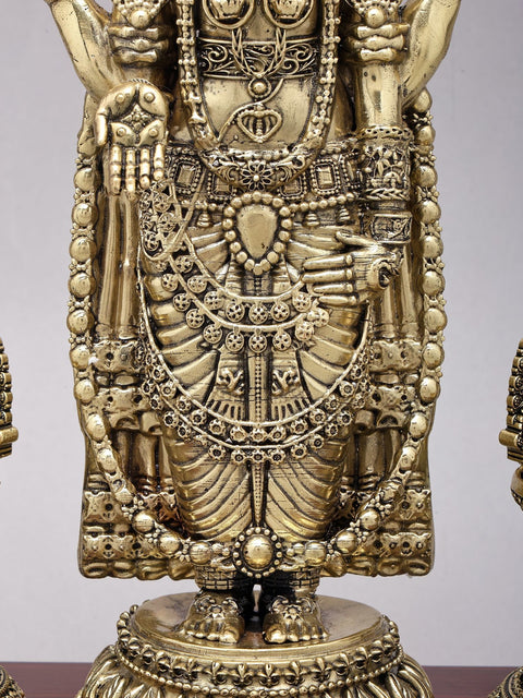 13" Brass Superfine Tirupati Balaji (Venkateshvara) with Goddess Lakshmi Lamps on Wood Base