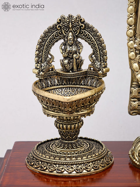 13" Brass Superfine Tirupati Balaji (Venkateshvara) with Goddess Lakshmi Lamps on Wood Base