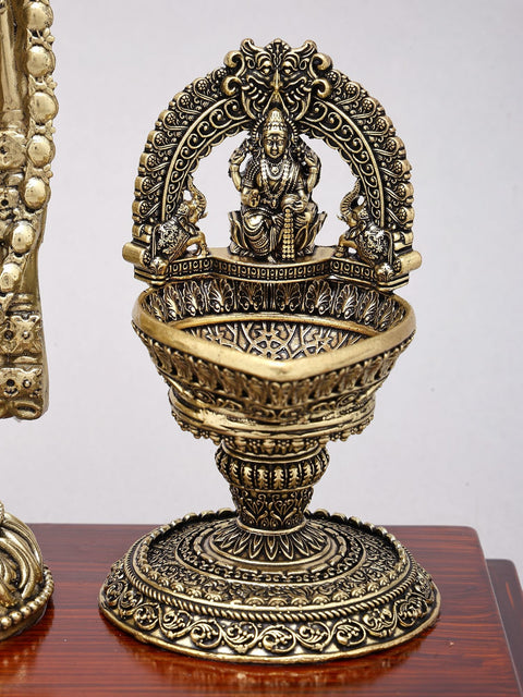 13" Brass Superfine Tirupati Balaji (Venkateshvara) with Goddess Lakshmi Lamps on Wood Base