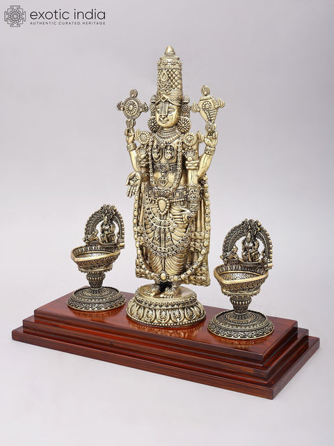 13" Brass Superfine Tirupati Balaji (Venkateshvara) with Goddess Lakshmi Lamps on Wood Base