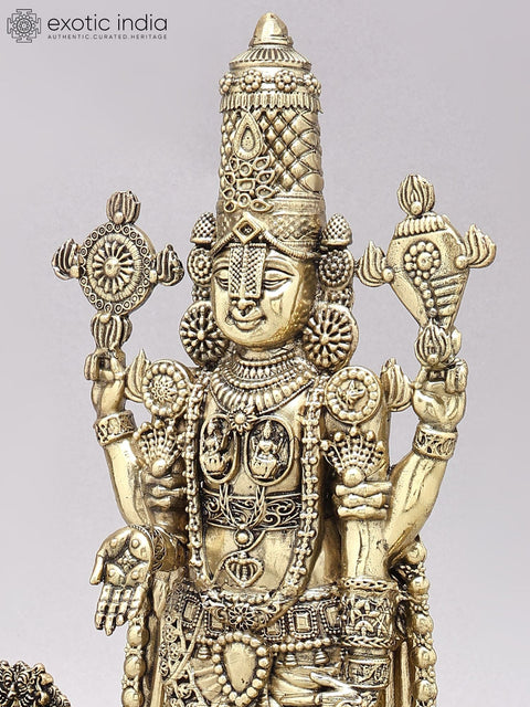 13" Brass Superfine Tirupati Balaji (Venkateshvara) with Goddess Lakshmi Lamps on Wood Base