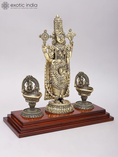 13" Brass Superfine Tirupati Balaji (Venkateshvara) with Goddess Lakshmi Lamps on Wood Base