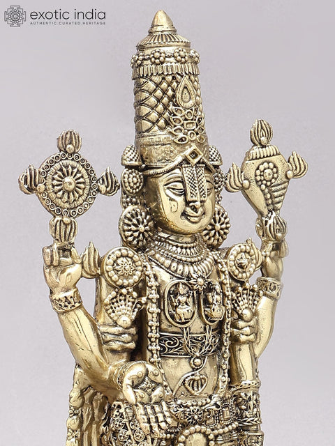 13" Brass Superfine Tirupati Balaji (Venkateshvara) with Goddess Lakshmi Lamps on Wood Base