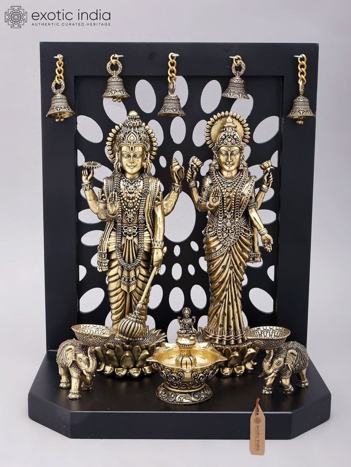 14" Brass Vishnu Lakshmi Standing Statue with Lamps and Bells