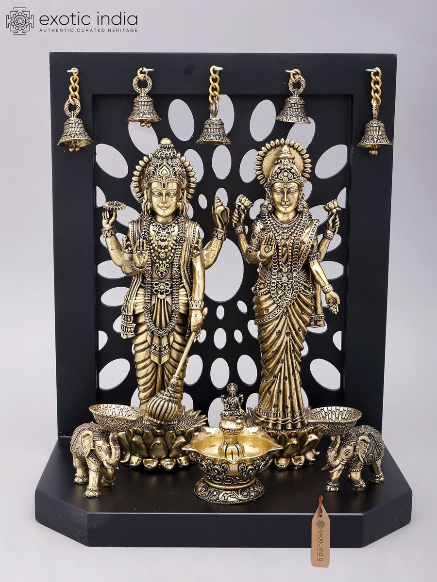 14" Brass Vishnu Lakshmi Standing Statue with Lamps and Bells