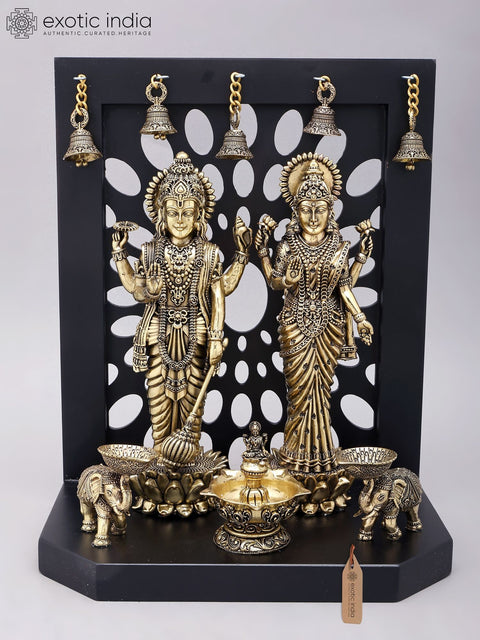 14" Superfine Standing Vishnu Lakshmi with Lamps and Bells | Brass Statue with Wood Base
