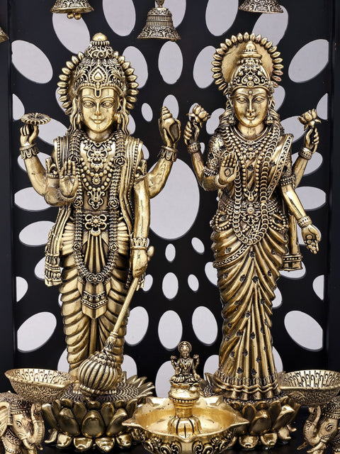 14" Superfine Standing Vishnu Lakshmi with Lamps and Bells | Brass Statue with Wood Base