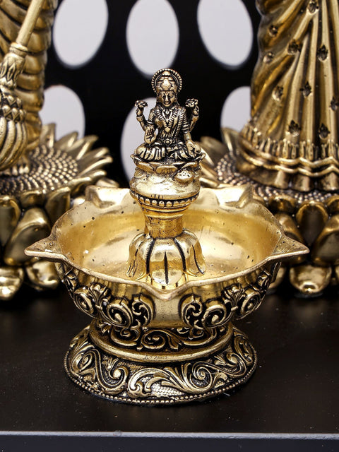 14" Superfine Standing Vishnu Lakshmi with Lamps and Bells | Brass Statue with Wood Base
