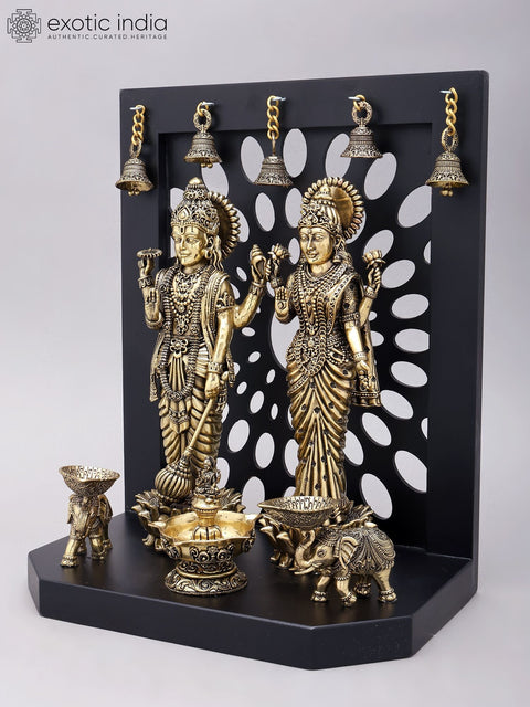 14" Superfine Standing Vishnu Lakshmi with Lamps and Bells | Brass Statue with Wood Base