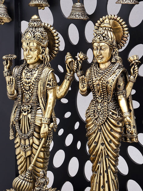 14" Superfine Standing Vishnu Lakshmi with Lamps and Bells | Brass Statue with Wood Base