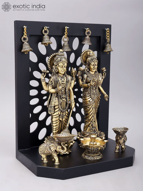 14" Superfine Standing Vishnu Lakshmi with Lamps and Bells | Brass Statue with Wood Base