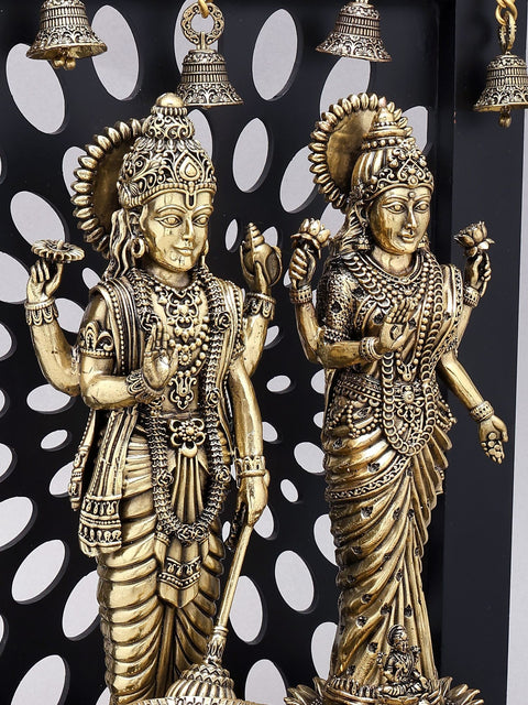 14" Superfine Standing Vishnu Lakshmi with Lamps and Bells | Brass Statue with Wood Base