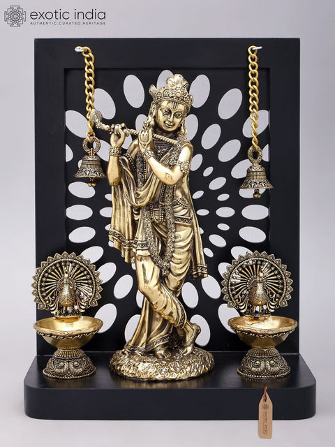12" Brass Superfine Fluting Lord Krishna with Designer Wood Frame