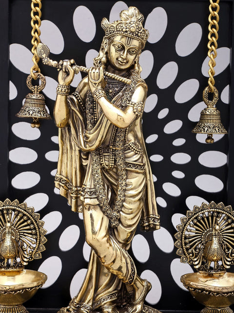 12" Brass Superfine Fluting Lord Krishna with Designer Wood Frame