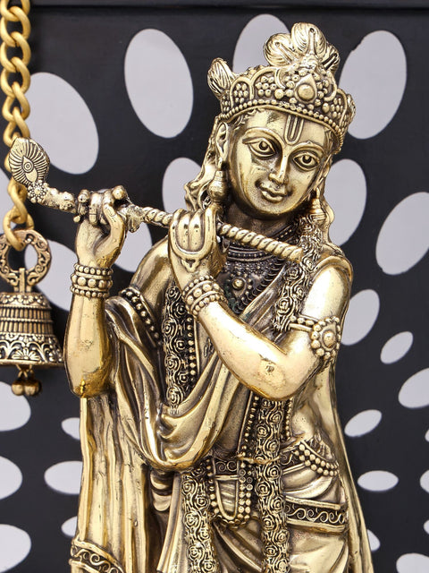 12" Brass Superfine Fluting Lord Krishna with Designer Wood Frame
