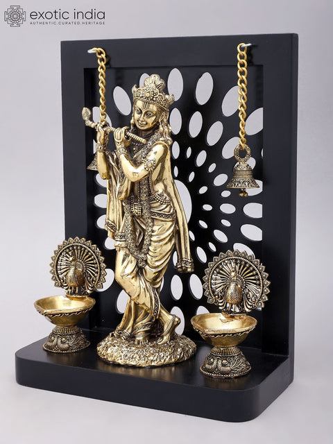 12" Brass Superfine Fluting Lord Krishna with Designer Wood Frame