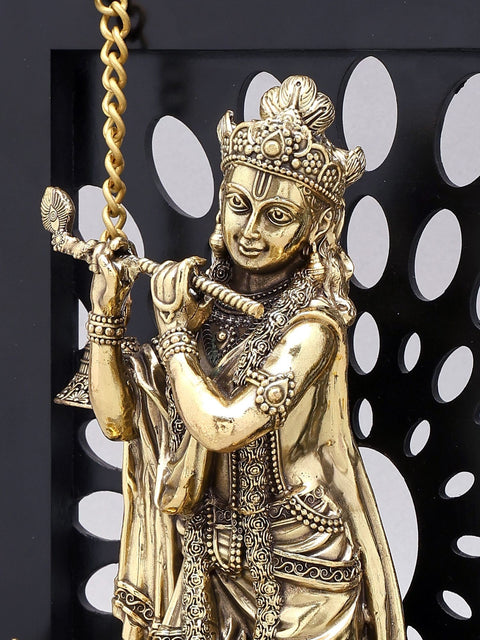 12" Brass Superfine Fluting Lord Krishna with Designer Wood Frame