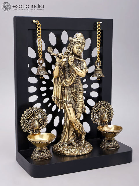 12" Brass Superfine Fluting Lord Krishna with Designer Wood Frame