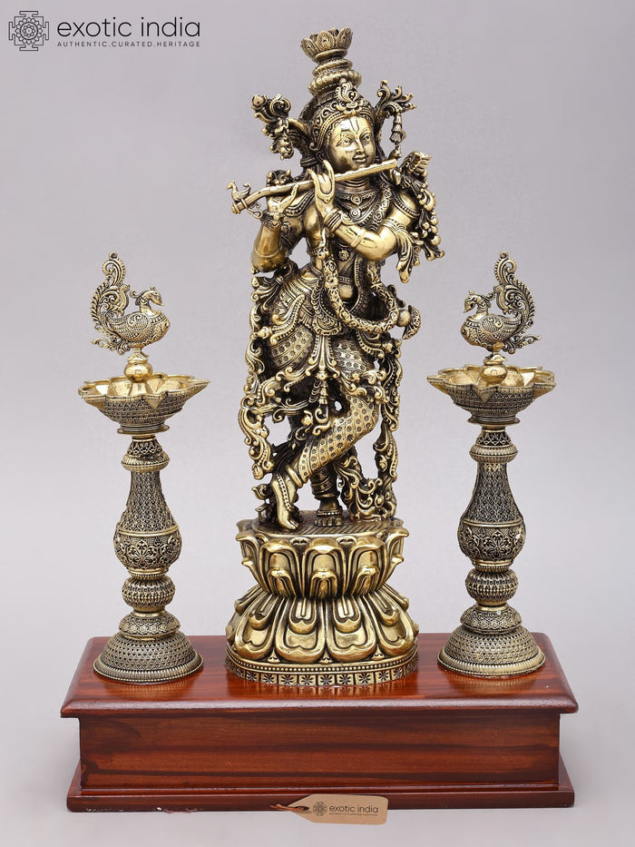 14" Handmade Brass Krishna Flute Statue with Peacock Lamps on Wood Base
