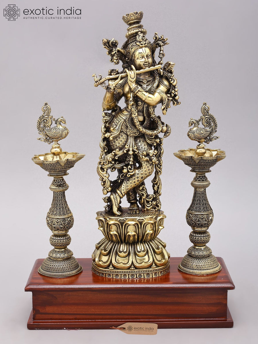 14" Handmade Brass Krishna Flute Statue with Peacock Lamps on Wood Base