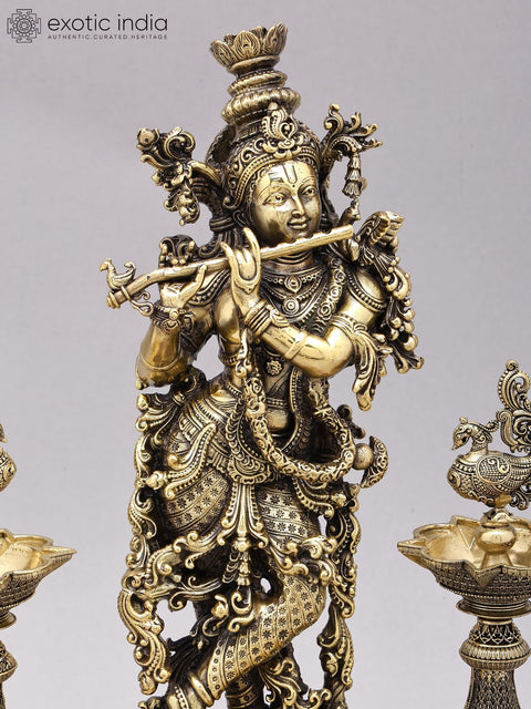 14" Superfine Bhagawan Shri Krishna Playing Flute with Peacock Lamps | Brass Statue on Wood Base