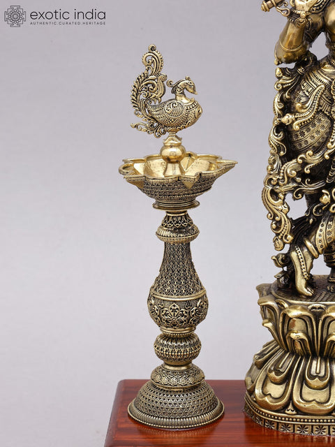 14" Superfine Bhagawan Shri Krishna Playing Flute with Peacock Lamps | Brass Statue on Wood Base