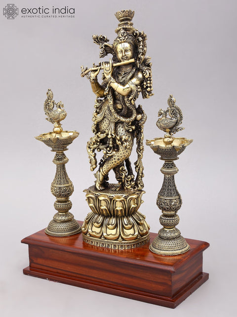 14" Superfine Bhagawan Shri Krishna Playing Flute with Peacock Lamps | Brass Statue on Wood Base