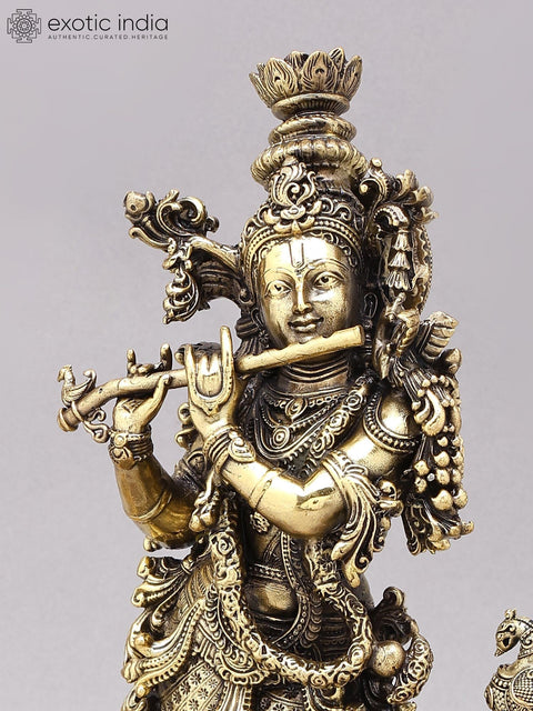 14" Superfine Bhagawan Shri Krishna Playing Flute with Peacock Lamps | Brass Statue on Wood Base