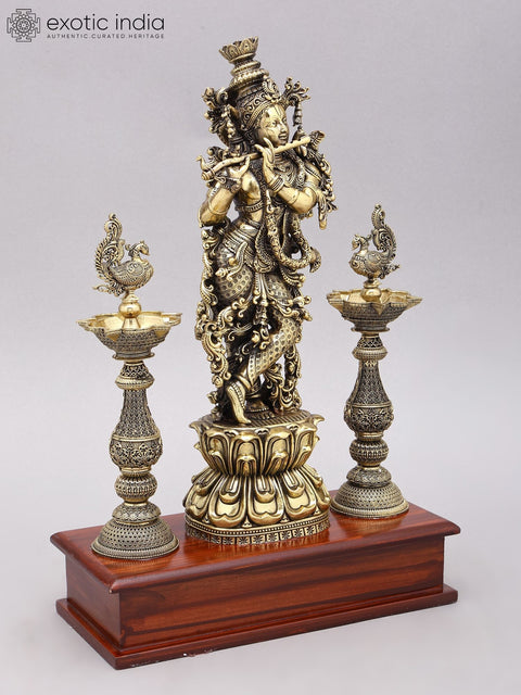 14" Superfine Bhagawan Shri Krishna Playing Flute with Peacock Lamps | Brass Statue on Wood Base