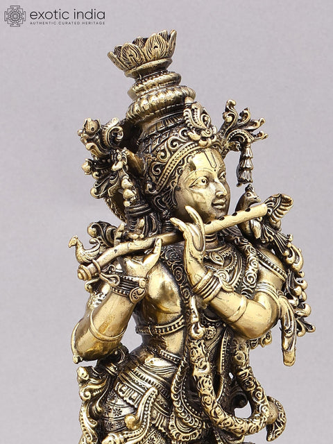 14" Superfine Bhagawan Shri Krishna Playing Flute with Peacock Lamps | Brass Statue on Wood Base