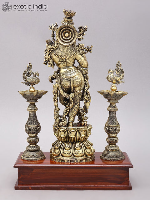 14" Superfine Bhagawan Shri Krishna Playing Flute with Peacock Lamps | Brass Statue on Wood Base