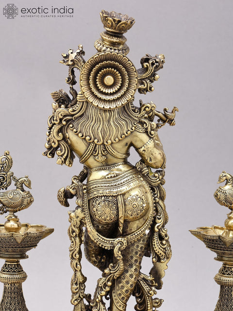 14" Superfine Bhagawan Shri Krishna Playing Flute with Peacock Lamps | Brass Statue on Wood Base