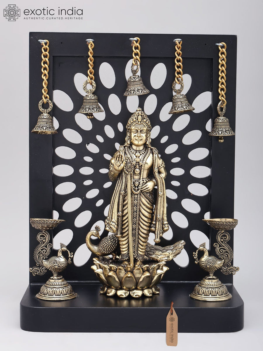 12" Standing Lord Murugan Brass Statue with Wood Frame