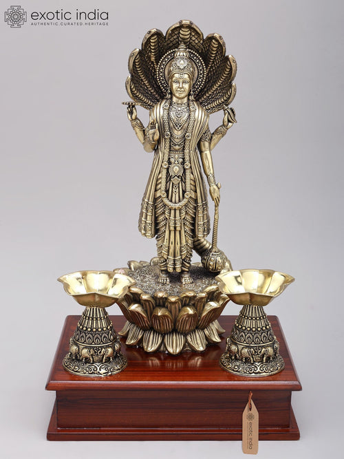 13" Handmade Standing Vishnu with Sheshnag Canopy Brass Statue