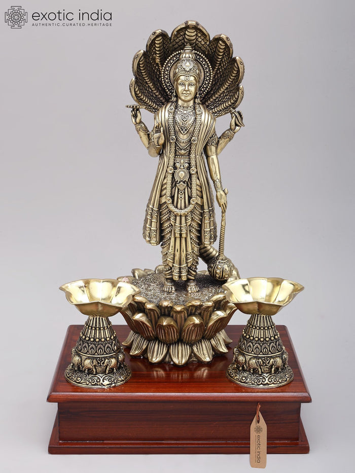 13" Superfine Standing Lord Vishnu with Sheshnag Canopy | Brass Statue on Wood Base