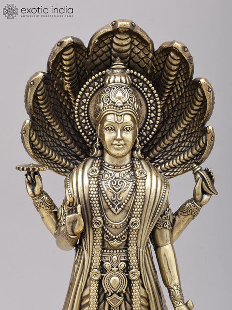 13" Superfine Standing Lord Vishnu with Sheshnag Canopy | Brass Statue on Wood Base