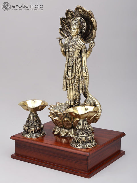 13" Superfine Standing Lord Vishnu with Sheshnag Canopy | Brass Statue on Wood Base