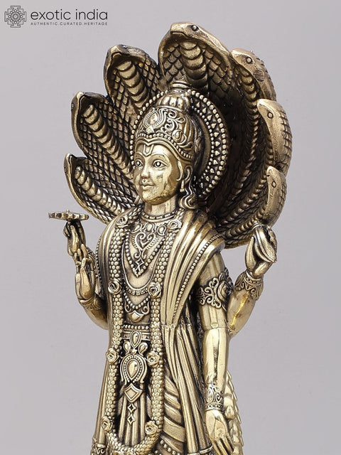 13" Superfine Standing Lord Vishnu with Sheshnag Canopy | Brass Statue on Wood Base