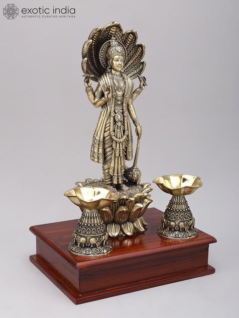 13" Superfine Standing Lord Vishnu with Sheshnag Canopy | Brass Statue on Wood Base