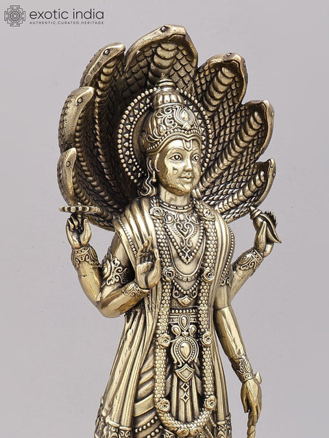 13" Superfine Standing Lord Vishnu with Sheshnag Canopy | Brass Statue on Wood Base