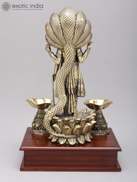 13" Superfine Standing Lord Vishnu with Sheshnag Canopy | Brass Statue on Wood Base