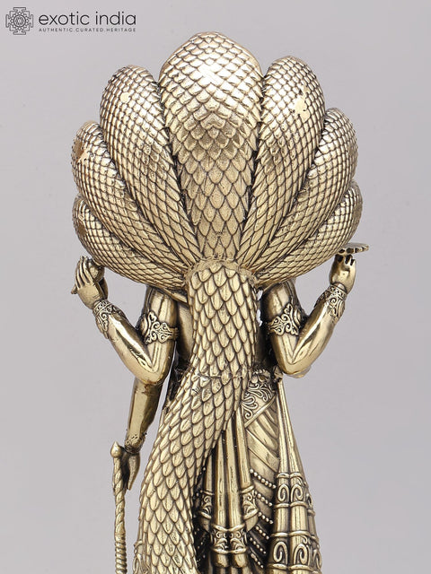 13" Superfine Standing Lord Vishnu with Sheshnag Canopy | Brass Statue on Wood Base