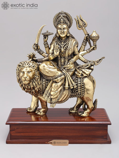 12" Eight Armed Goddess Durga Brass Statue on Wood Base