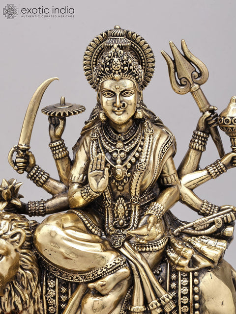 12" Superfine Eight Armed Goddess Durga (The Lion Goddess) | Brass Statue on Wood Base
