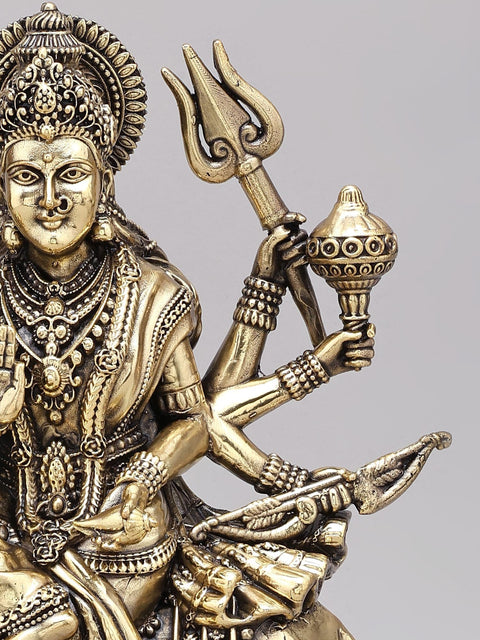 12" Superfine Eight Armed Goddess Durga (The Lion Goddess) | Brass Statue on Wood Base
