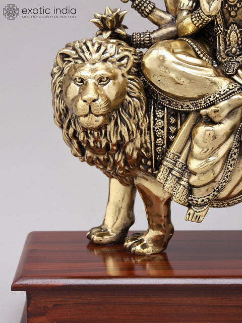 12" Superfine Eight Armed Goddess Durga (The Lion Goddess) | Brass Statue on Wood Base